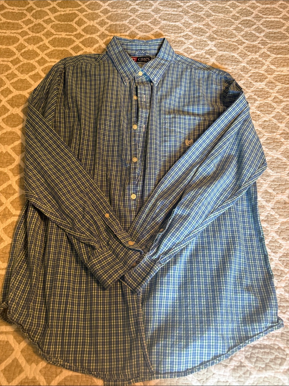 Chaps Men's Blue and Green Plaid Button-Down Shirt